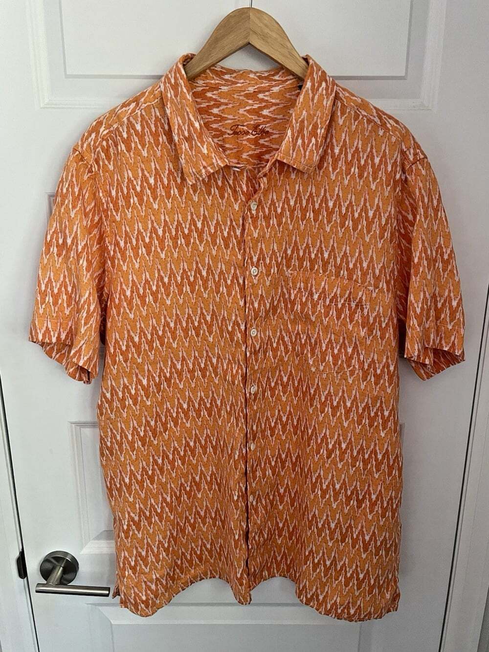 Tasso Elba XL 100% Linen Orange White Flame Geometric Short Sleeve Resort Beachy